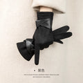 Women's Suede Cold-proof Warm Gloves Velvet Thickened Windproof Bow Qme black