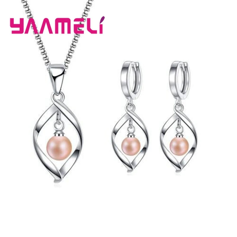 CZ Necklace Earring Bridal Jewelry Sets Wholesale S925 Sterling Silver Color Shining Cubic Zircon Water Drop Wedding Engagement Qme Pink Pearl
