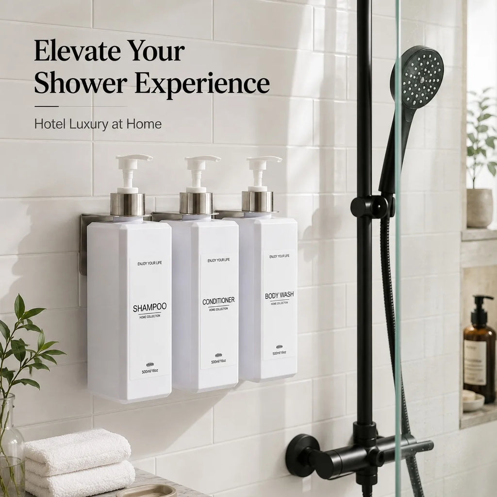 all Mounted Shampoo Dispenser Bottles Set of 3 16oz 500ml Plastic Shower Pump Bottles with Brackets and Labels for Body Wash Qme
