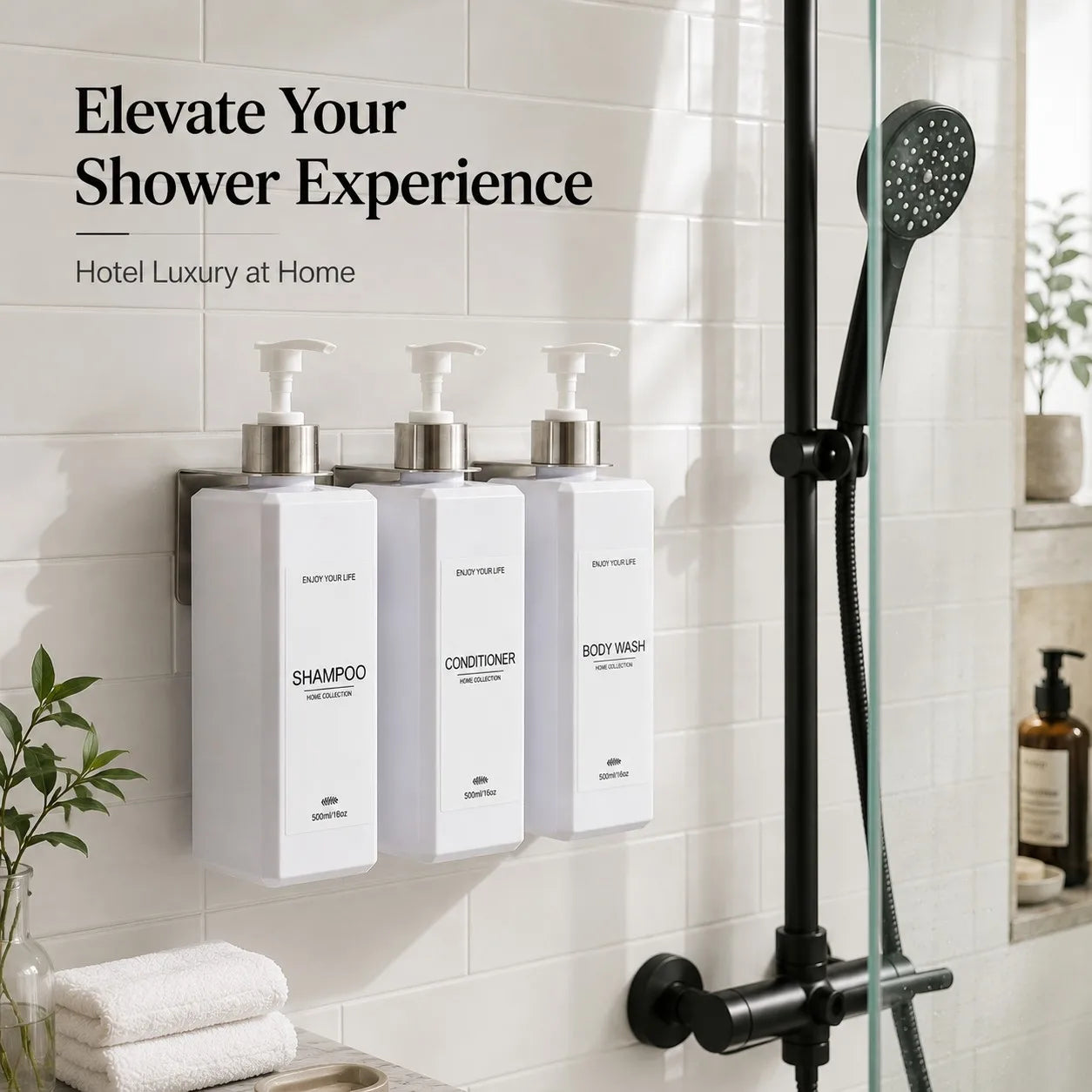 all Mounted Shampoo Dispenser Bottles Set of 3 16oz 500ml Plastic Shower Pump Bottles with Brackets and Labels for Body Wash Qme