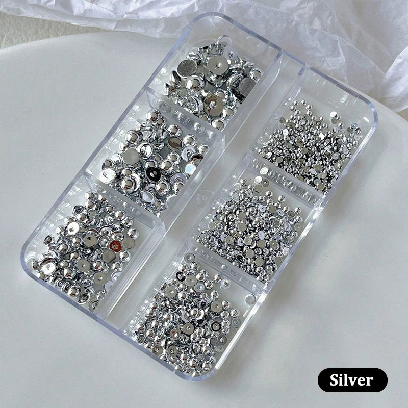 6 Grids 3d Gold Silver Half Round Ball Charm Nail Art Studs Metal Qme Silver