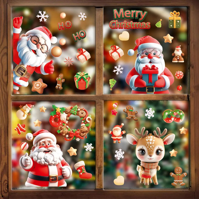Christmas Window Electrostatic Stickers Snowflakes Reindeer Santa Claus Double Sided Printing Wall Christmas Sticker Decorations Qme