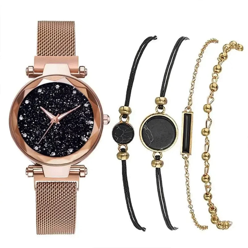 5pcs/set Women Ladies Watches, Starry Sky Magnet Buckle Dial Rhinestone Mesh Straps Bracelet Wristwatch + Marble Bracelet Qme