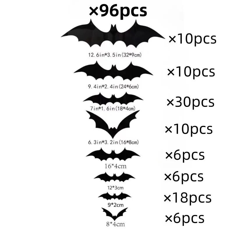 3D Stereoscopic PVC Black Bat Wall Sticker Halloween Decoration Scary Spider DIY Sticker Party Haunted House Decoration Supplies Qme BF014 96pcs