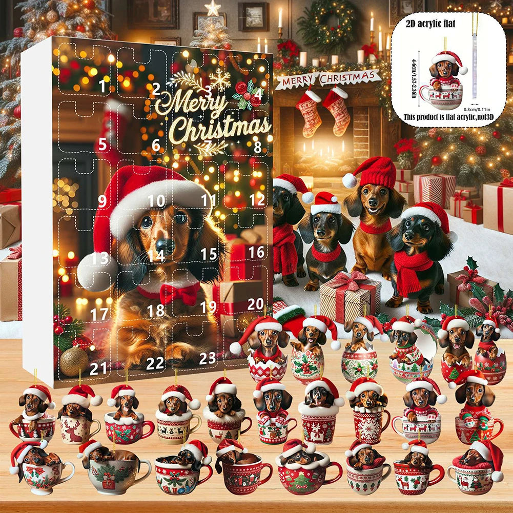 24 Days Christmas Countdown Calendar W/Dachshunds Figure Ornaments Xmas Advent Calendar Xmas Gifts for Dog Lover Qme