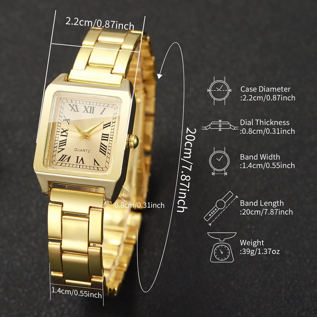 Luxury Gold Tone Women Square Quartz Watch Heart Shaped Crystal Qme