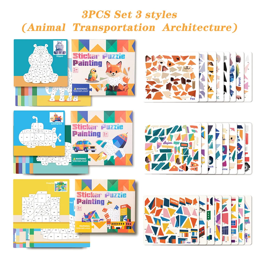 3D Puzzle Sticker DIY Craft Art Kit with Self-Adhesive Paper Back-to-School Gift Animal Collages Creative Handcraft Educational Qme 3PCS Set 3 styles