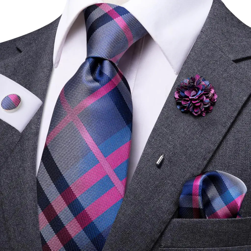Mens Necktie Luxury Wide Blue Purple Plaid Silk Wedding Tie Pocket Qme N-0467-XH-0049