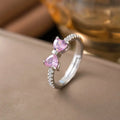 Pink Heart Cubic Zirconia Bow Shape Adjustable Open Ring Silver Plated Promise Wedding Band Women Daily Jewelry Birthday Gift Qme Silvery