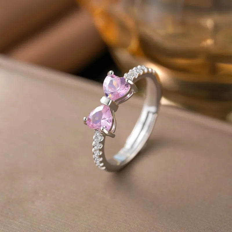 Pink Heart Cubic Zirconia Bow Shape Adjustable Open Ring Silver Plated Promise Wedding Band Women Daily Jewelry Birthday Gift Qme Silvery