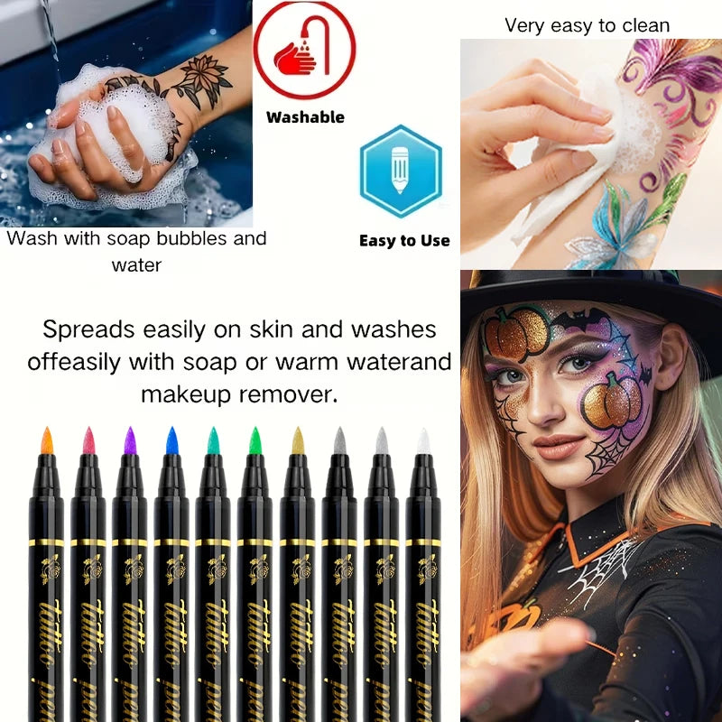 10 Colors Temporary Tattoo Markers Safe Non-toxic Body Paint Art Pen Qme