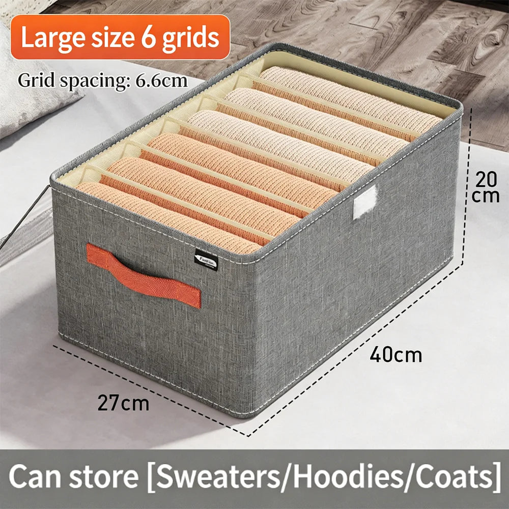 Premium Cationic Fabric Foldable Storage Box with Lid & Compartments PP Board Clothes Organizer for Wardrobe Use Qme 6 grids