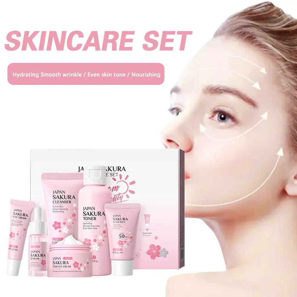 6PCs Sakura Skin Care Sets & Kits With Cleanser,Serum,Eye Cream,Sunscreen Cream Beauty Products For Women Gift Sets Routine Kit Qme
