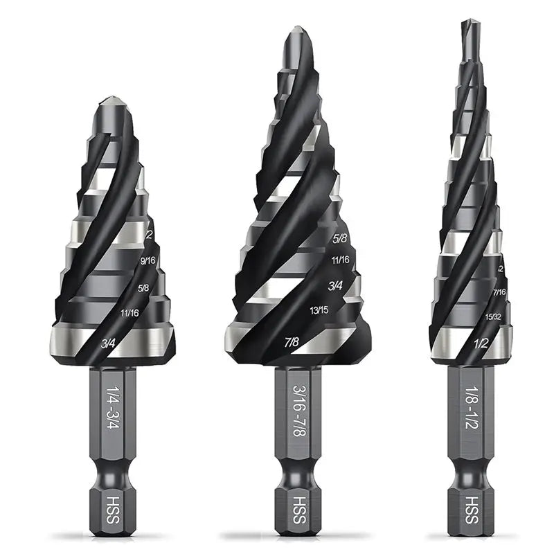 A02F-Step Drill Bit Set- Four Spiral Flute 3 Pcs HSS Bits(1/8" To 7/8") Unibit Design, 1/4" Shank Qme As Shown