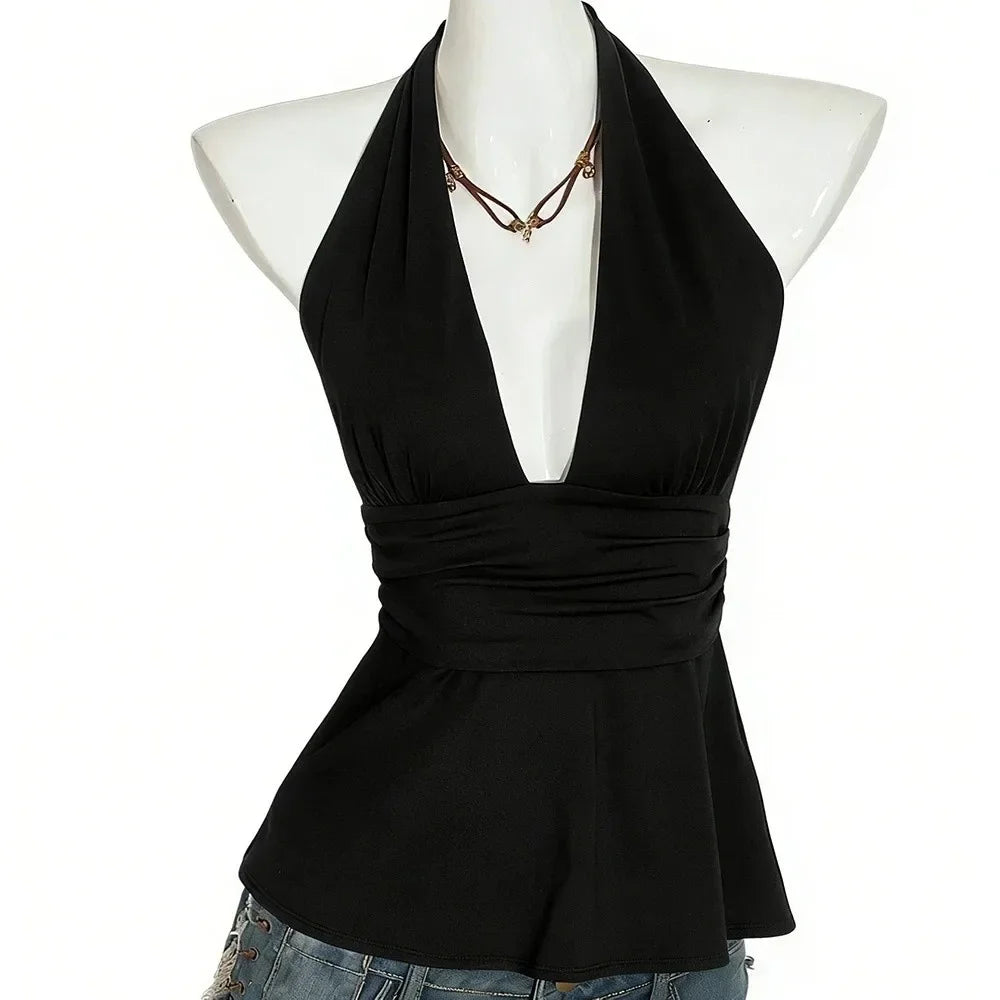 Fashion Sleeveless Women Crop Pleated Y2k Lace-up Dots Camisole Beach Qme Black Simple L