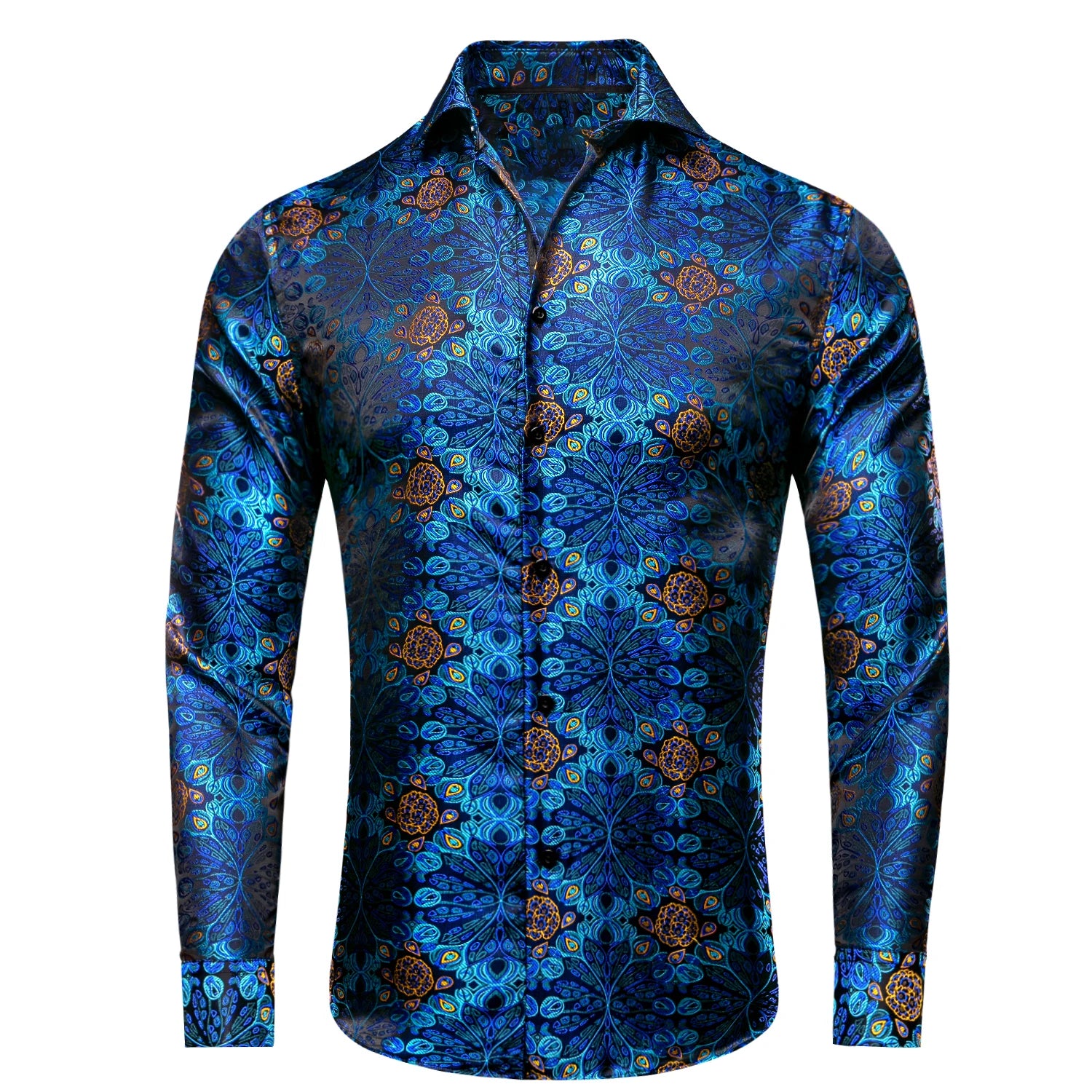 Hi-Tie Fashion Mens Silk Shirts Long Sleeve Gold Blue Paisley Jacquard Lapel Shirt Casual Formal Wedding Business Party Gifts Qme