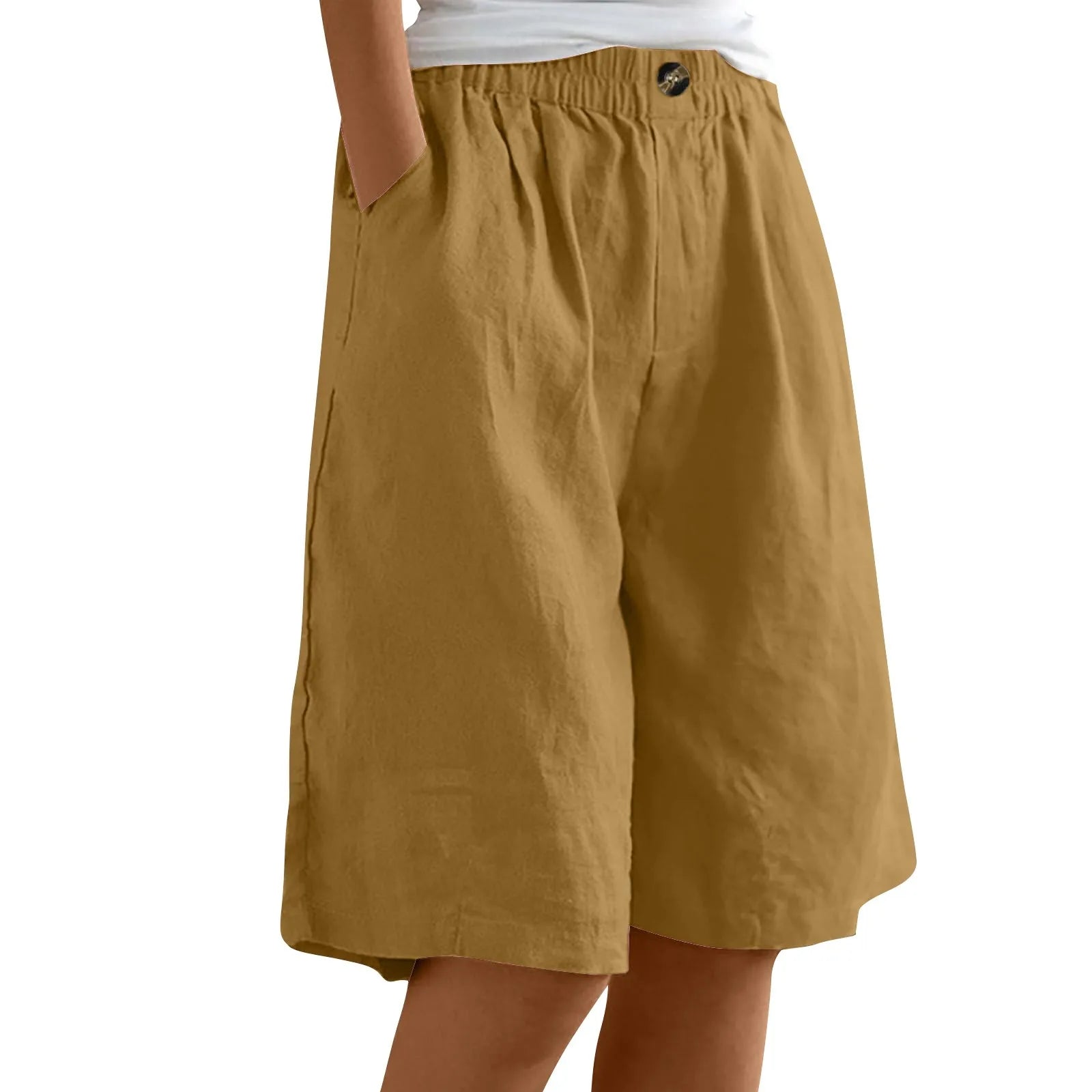 Female Fashion Solid Color Elastic High Waist Pocket Button Up Loose Cotton Linen Five Length Shorts Summer Soft Comfort Pants Qme