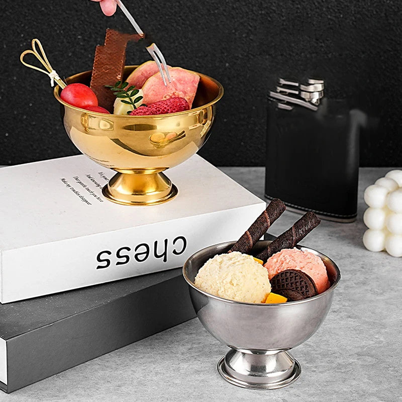 Stainless Steel Ice Cream Cup Gold Silver Dessert Bowl Spoon Qme