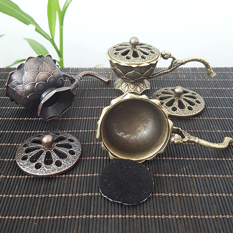 Meditation Home Decor Ancient Alloy Incense Burner Metal Lotus Bowl Qme