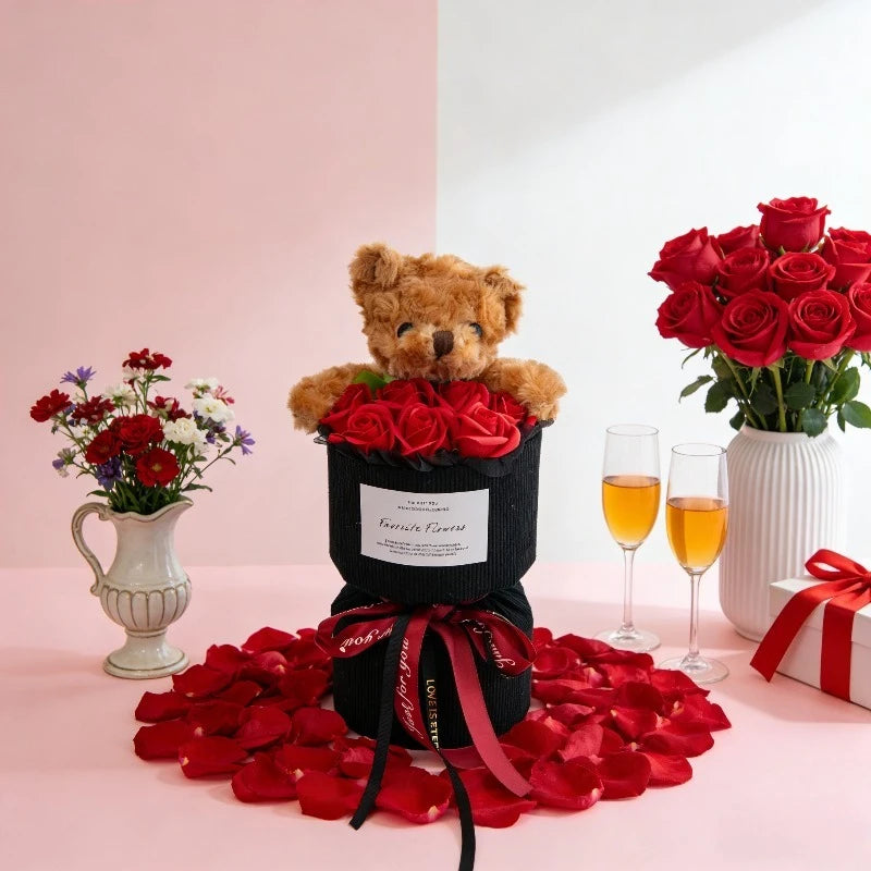 Valentine's Day Rose Bear Bouquet Artificial Flower Cute Decor Qme