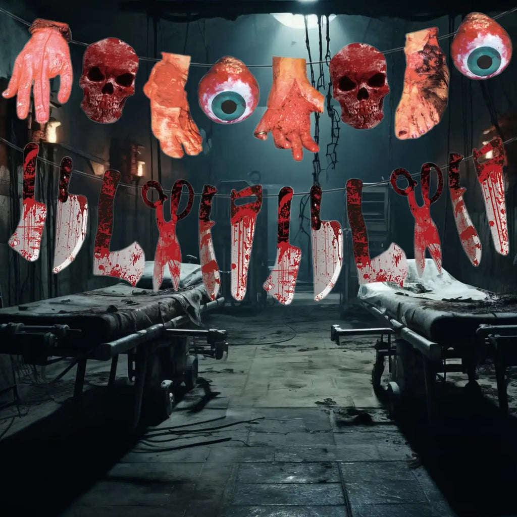 Halloween Banner 2025 Broken Hands Feet Horror Hangable Bloody Qme