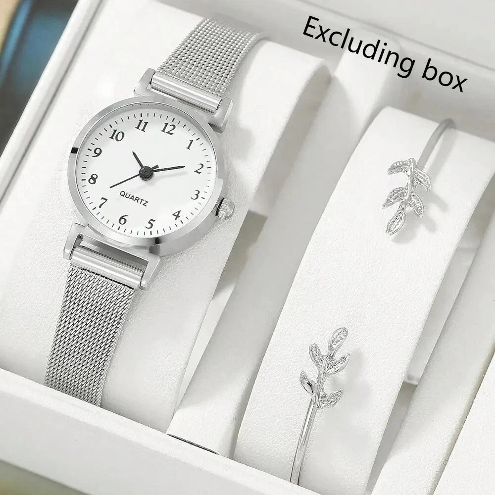2pcsWomen Fashion Watch Casual Bracelet Watches Set Ladies Simple Dial Quartz Wristwatches Dress Clock Montre Femme Qme Silver suit
