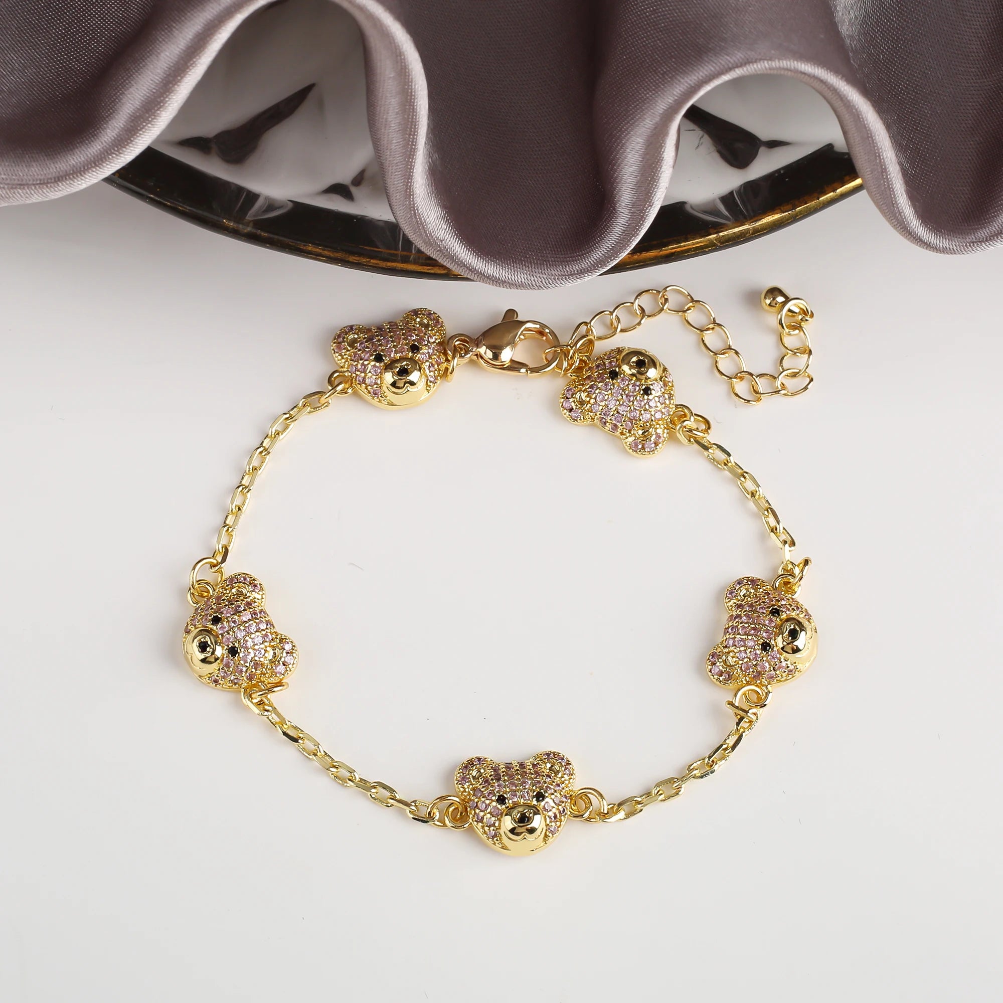 Classic Cubic Zirconia Cute Bear Gold Plated Adjustable Bracelet charm for Women Girls Party Wedding Jewelry Gift Wholesale Qme Pink