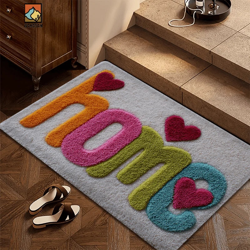 Colorful HOME Letter Heart Shaggy Doormat Soft Absorbent Faux Cashmere Entrance Rug Non Slip Rubber Back Floor Mat Indoor Carpet Qme