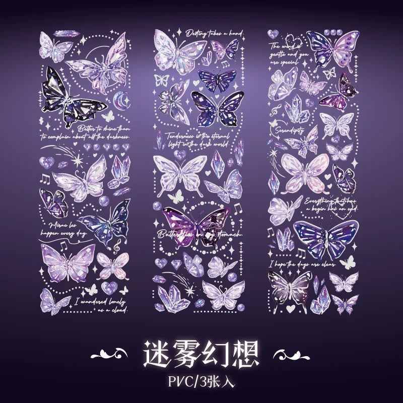 3 pcs laser Butterfly PET Stickers Decorative Diy Scrapbooking Collage material Planner Stationery Craft Supplies Qme B