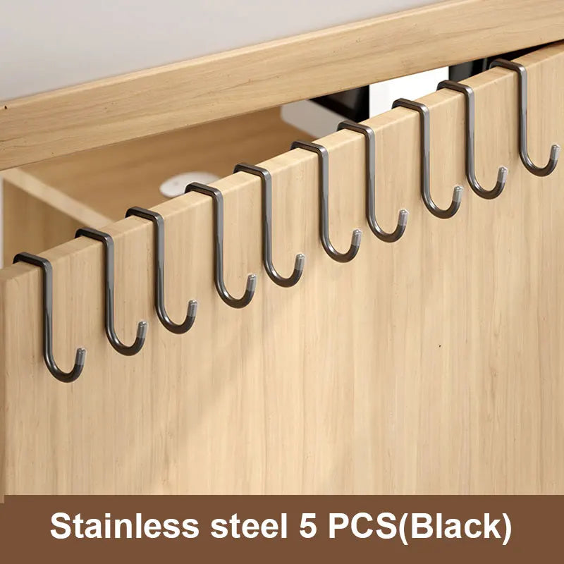 201 Stainless Steel Hook Punching Double S-shape Kitchen Bathroom Qme 201-Black 5pcs