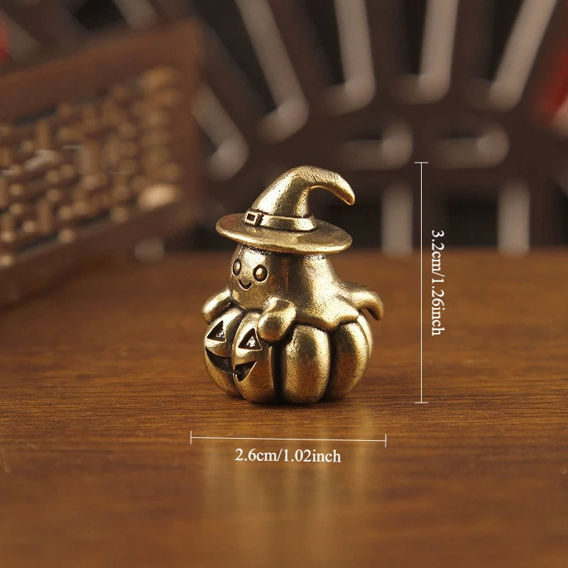 Vintage Brass Mini Ghost Pumpkin Figurine, Halloween Witch Hat Ghost Statue, Small Metal Desktop Ornament, Cute Halloween Decor Qme 1pc