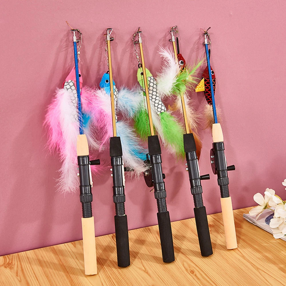 Fish Type Telescopic Feathers Retractable Cat Toy Cat Stick Toys Pet Toy for Kitten Cat Rods Simulation Fishing Rod Pet Toy Qme