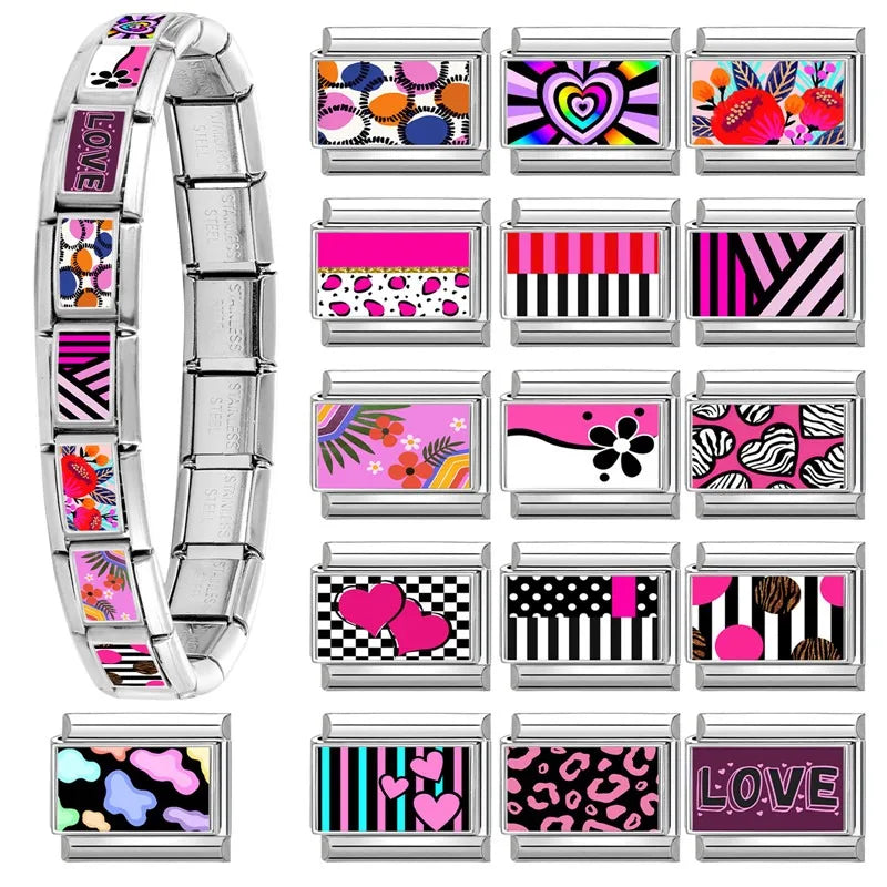 2026 Original Y2K Colorful Loving Heart Grid Flower Italian Charm Links Fit 9mm Stainless Steel Bracelet Women DIY Making Gift Qme