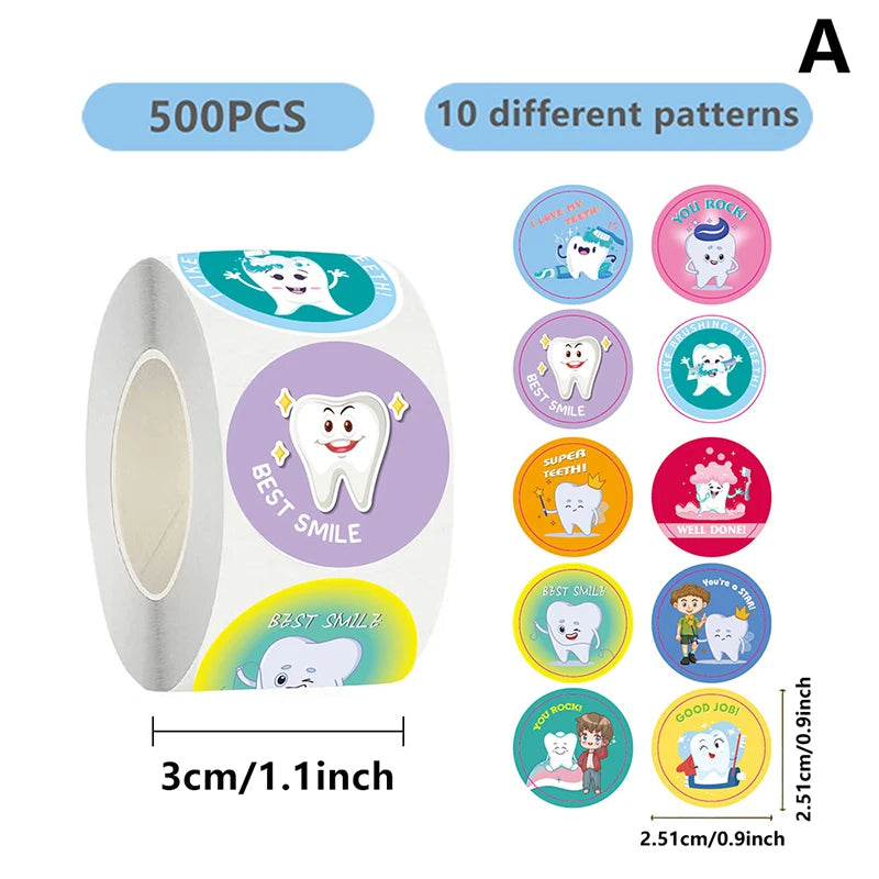 Roll Dental Stickers Cartoon Decoration Tooth Shaped Sticker Label Qme A