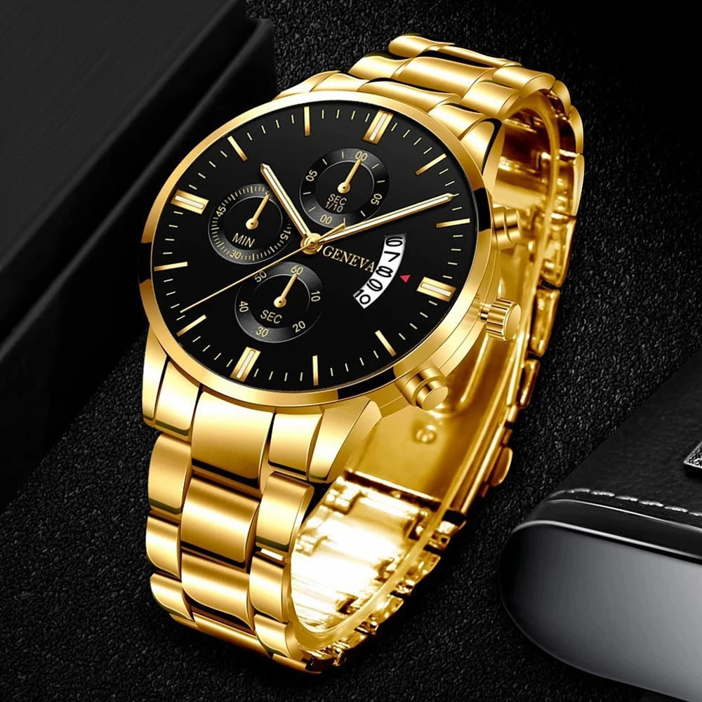 1pcs Calendar Steel Strip Men's Watch Large Dial Quartz Watch Men's Watch Foreign Trade Men's Watch Qme Gold Black