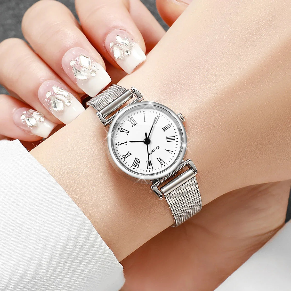 4 pçs/set moda pequeno mostrador relógios femininos senhoras malha banda analógico relógio de pulso de quartzo reloj mujer Qme
