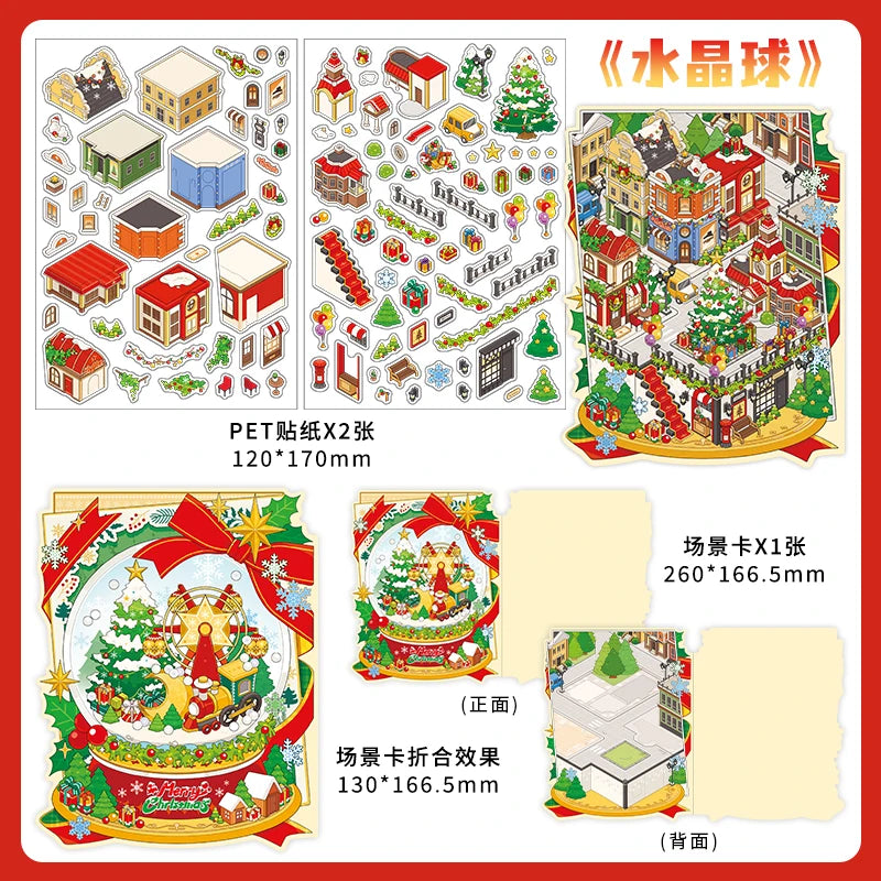 3sheets/bag Today's Business Series Happy Christmas Theme 2.5D PET White Card Diorama Stickers for Scrapbooking DIY Qme 3