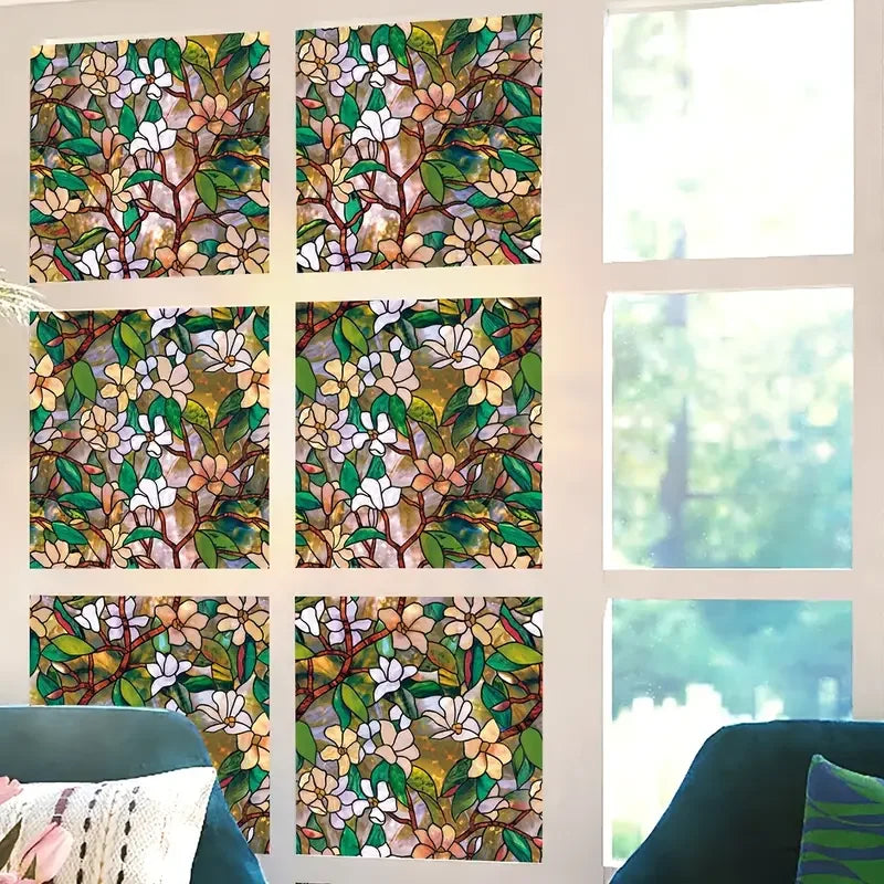 Window Privacy Film Static Film Magnolia Static PVC Privacy Protection Home Decoration Glass Foil for Window Door Cabinet Table Qme