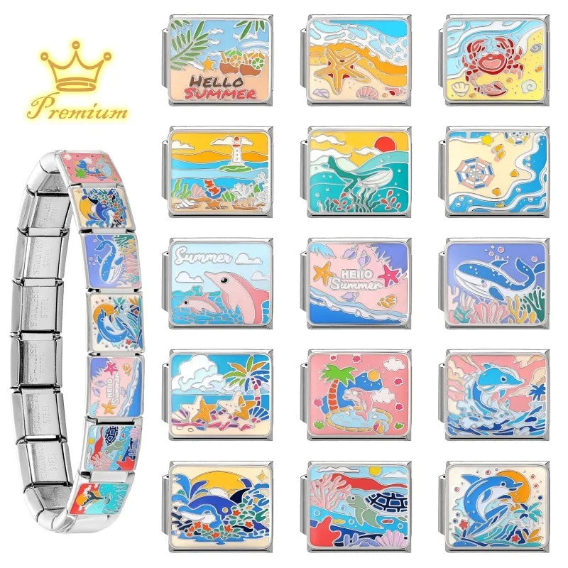 Charm Bangles Italian Links Fit 9mm Stainless Steel Women Men Jewelry DIY Making Blue Series Starfish Beach Turtle Bracelet Gift Qme