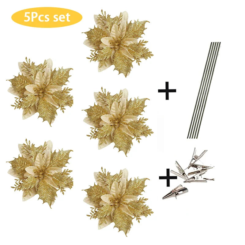 5PCS Glitter Poinsettia Artificial Xmas Flowers Ornaments for Christmas Tree Decorations Fake Flowers Head Christmas Decoration Qme Gold Set 5pcs