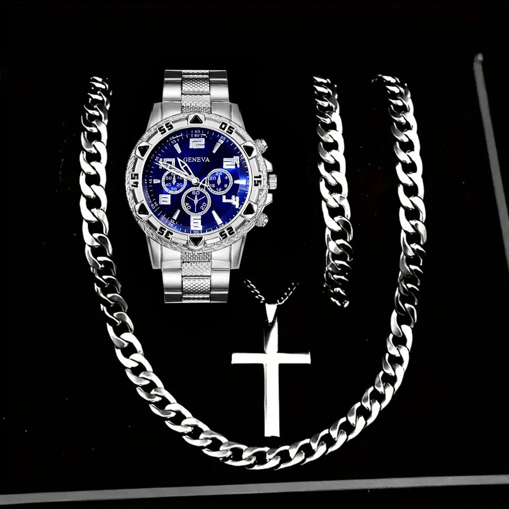 Men Geneva Gold Watch Cross Necklace 2Pcs Hip Hop Jewelry Set Qme Silver Blue Set