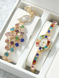 2pcsFashion gradient rainbow luxury women's oval bracelet watch + colorful peacock with sparkling crystals and phoenix bracelet Qme Multicolor