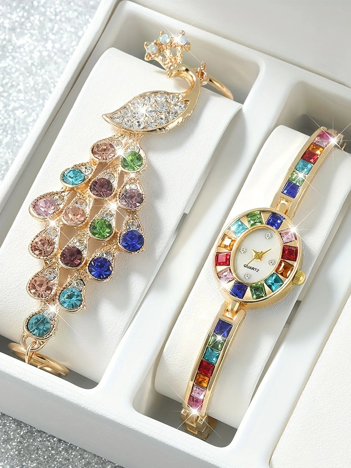 2pcsFashion gradient rainbow luxury women's oval bracelet watch + colorful peacock with sparkling crystals and phoenix bracelet Qme Multicolor