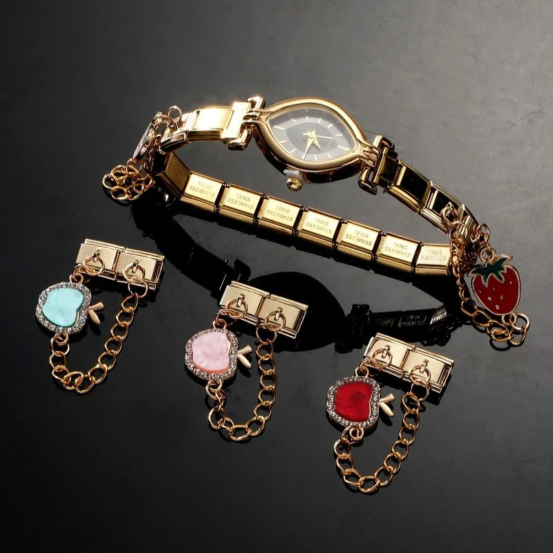 Shiny Zircon Red Apple Fruit Strawberry Cherry Chain Italian Charm Links Fit 9MM Bracelet Stainless Steel Women DIY Making Gifts Qme