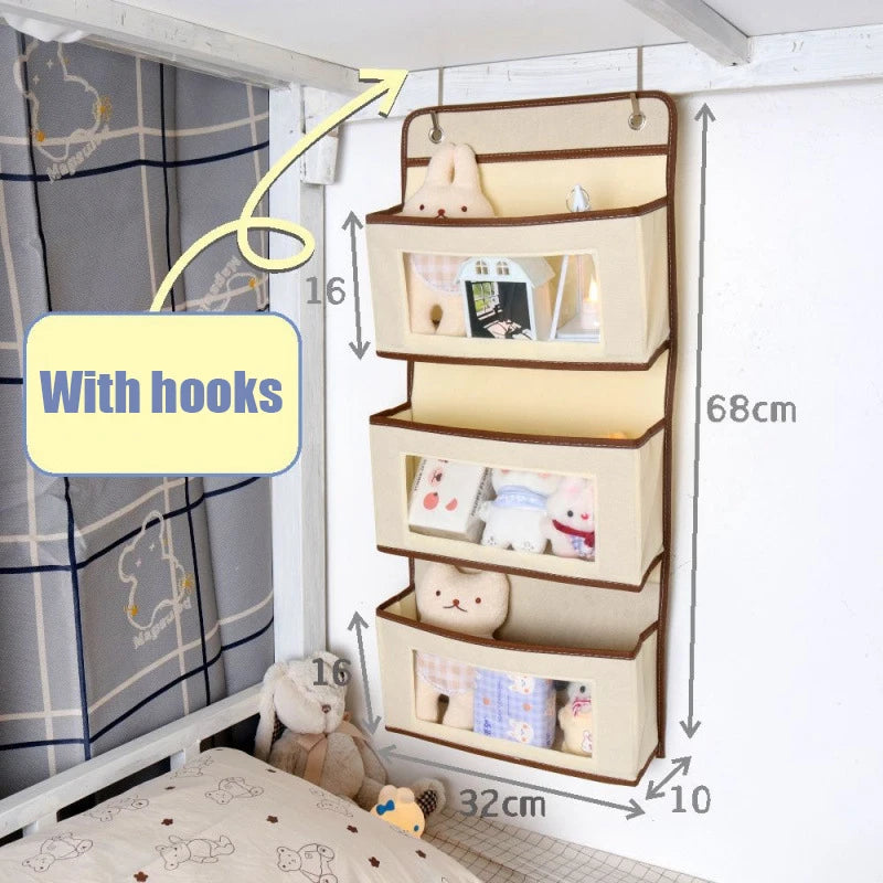 Student Dormitory Home Use Dorm Bed Hook Hanging Storage Bag No Drill Qme 3 layers Beige