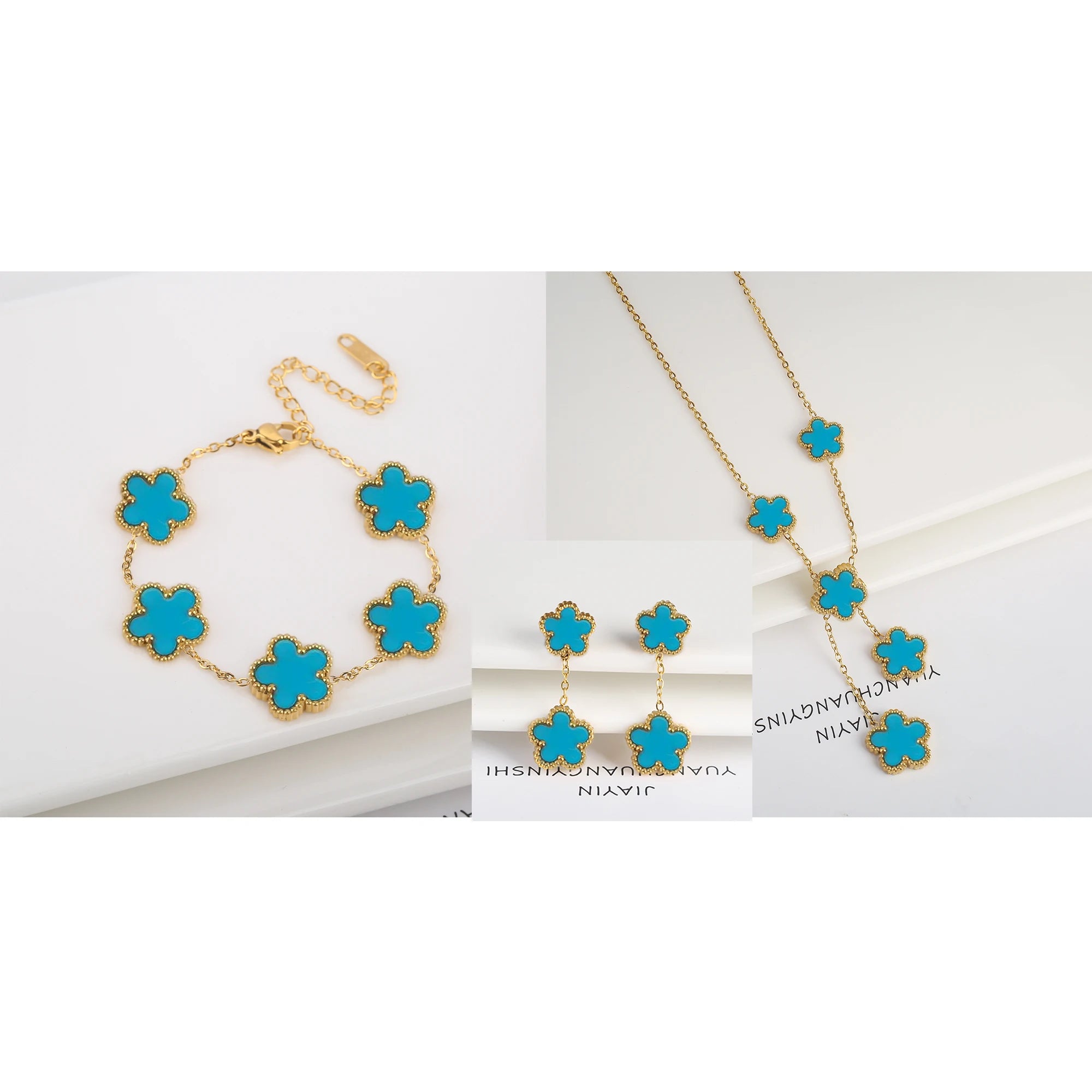 Clover Five Leaf Flower Stainless Steel Bracelet Necklace Earrings Jewelry Set Luxury for Women High Quality Party Jewelry Gift Qme 19
