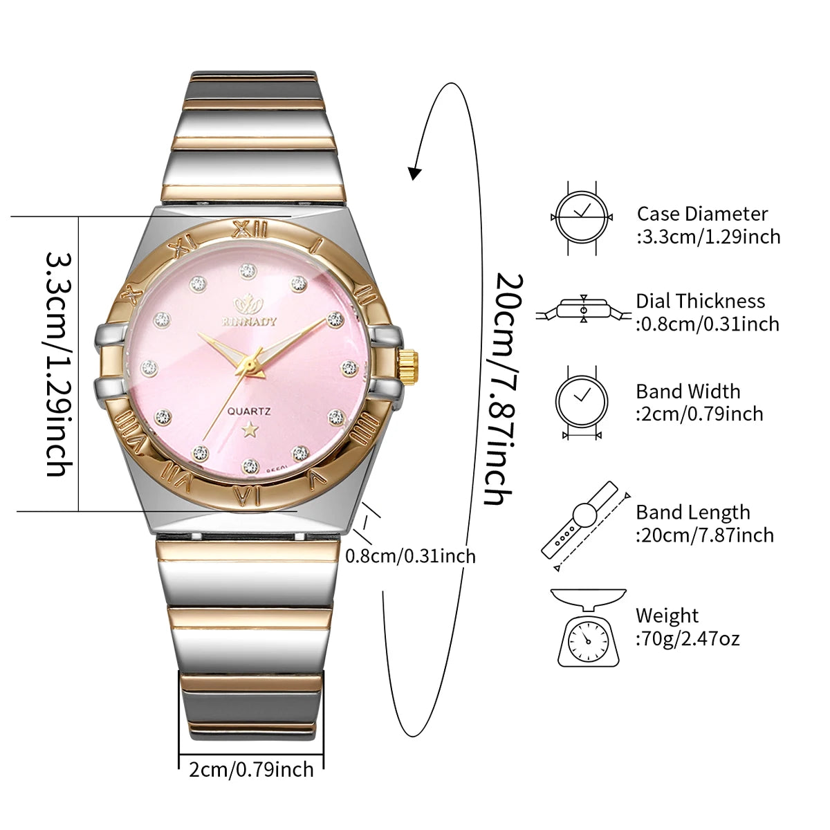 Elegant Ladies Two-Tone Interlocking Metal Strap Watch, Blush Pink Face Crystal Accent Casual Business Quartz Wrist Watch Qme