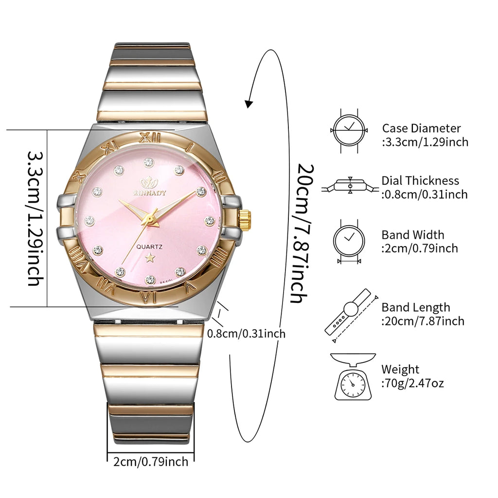Elegant Ladies Two-Tone Interlocking Metal Strap Watch, Blush Pink Face Crystal Accent Casual Business Quartz Wrist Watch Qme
