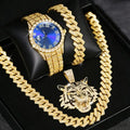 3-in-1 Hip Hop Jewelry Set for Men, Gold Iced Out Watch + Cuban Link Chain + Tiger Pendant Necklace + Bracelet, Gold Tone Qme Bronze