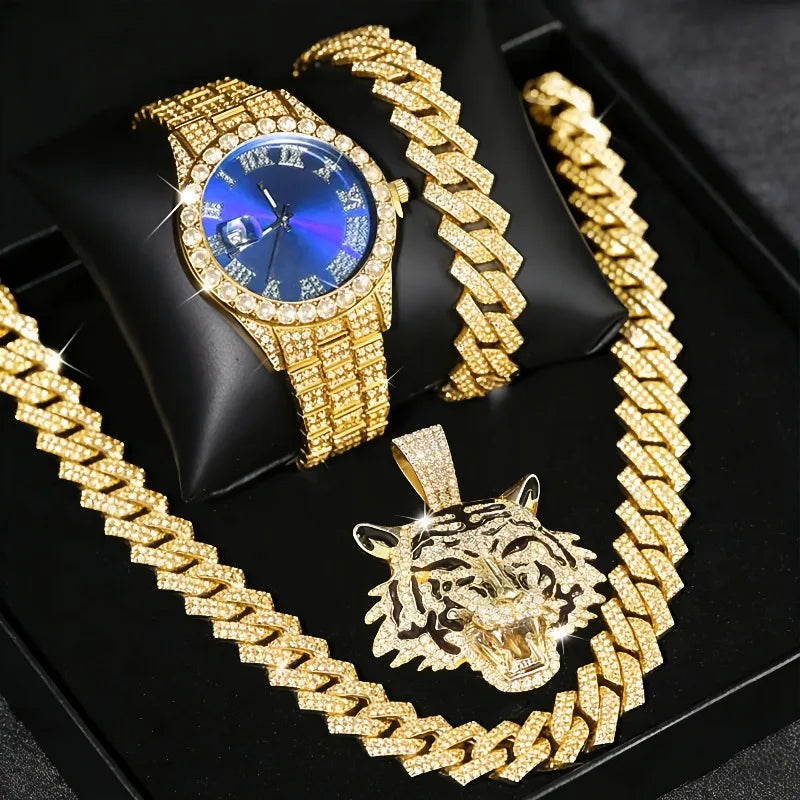 3-in-1 Hip Hop Jewelry Set for Men, Gold Iced Out Watch + Cuban Link Chain + Tiger Pendant Necklace + Bracelet, Gold Tone Qme Bronze